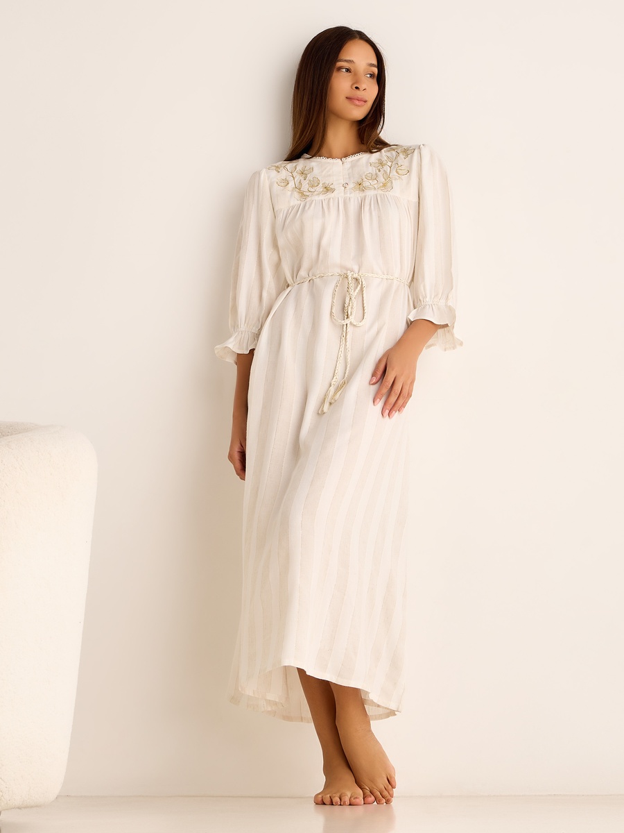 Long-Sleeved Maxi Night Gown with Embroidered Stripes