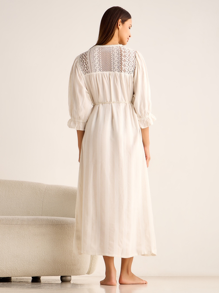 Long-Sleeved Maxi Night Gown with Embroidered Stripes