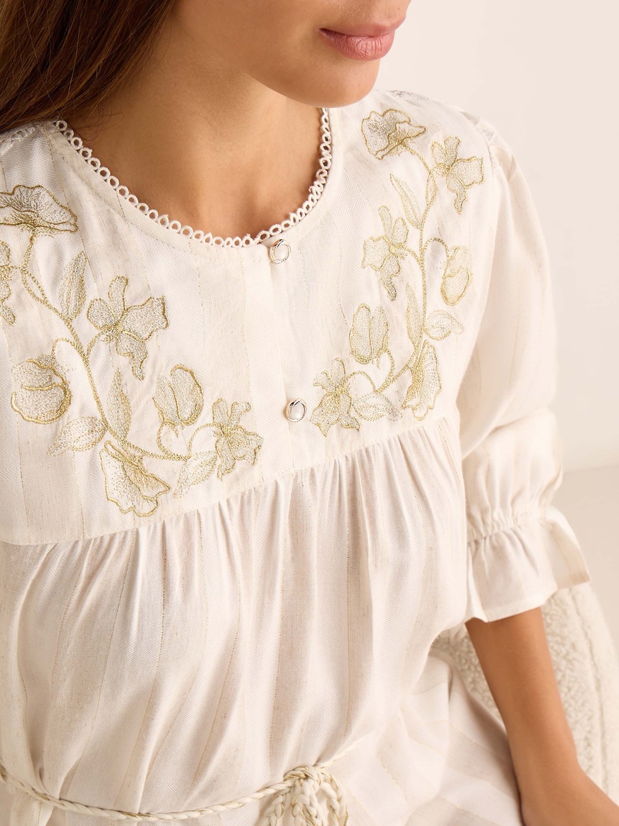Long-Sleeved Maxi Night Gown with Embroidered Stripes