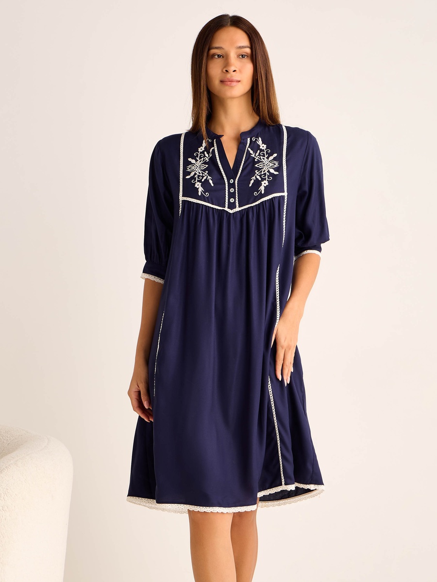 Viscose Midi Night Dress with 3/4 Sleeves and Floral Embroidery