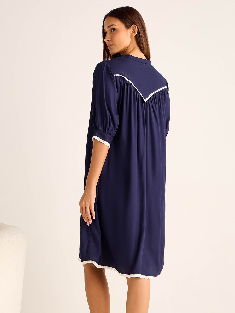 Viscose Midi Night Dress with 3/4 Sleeves and Floral Embroidery