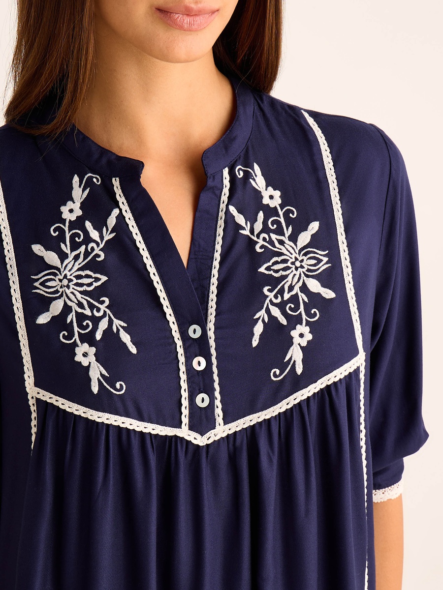 Viscose Midi Night Dress with 3/4 Sleeves and Floral Embroidery