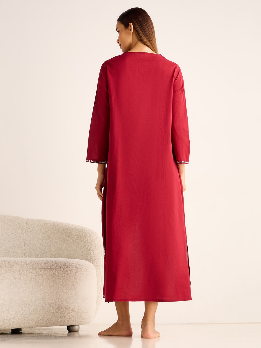 Cotton Night Gown with Long Sleeves and Floral Embroidery