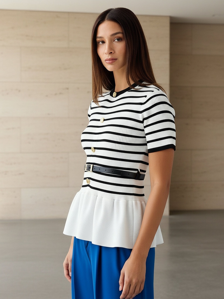 Striped Round Neck Peplum Top
