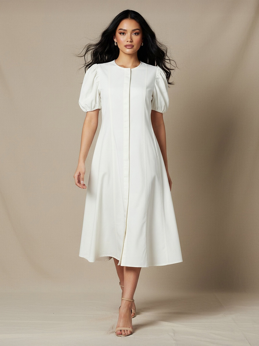 Shirt Midi Cotton Dress with Puff Sleeves