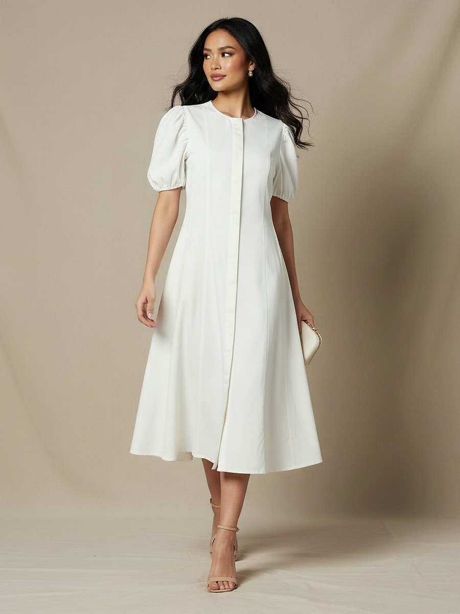 Shirt Midi Cotton Dress with Puff Sleeves