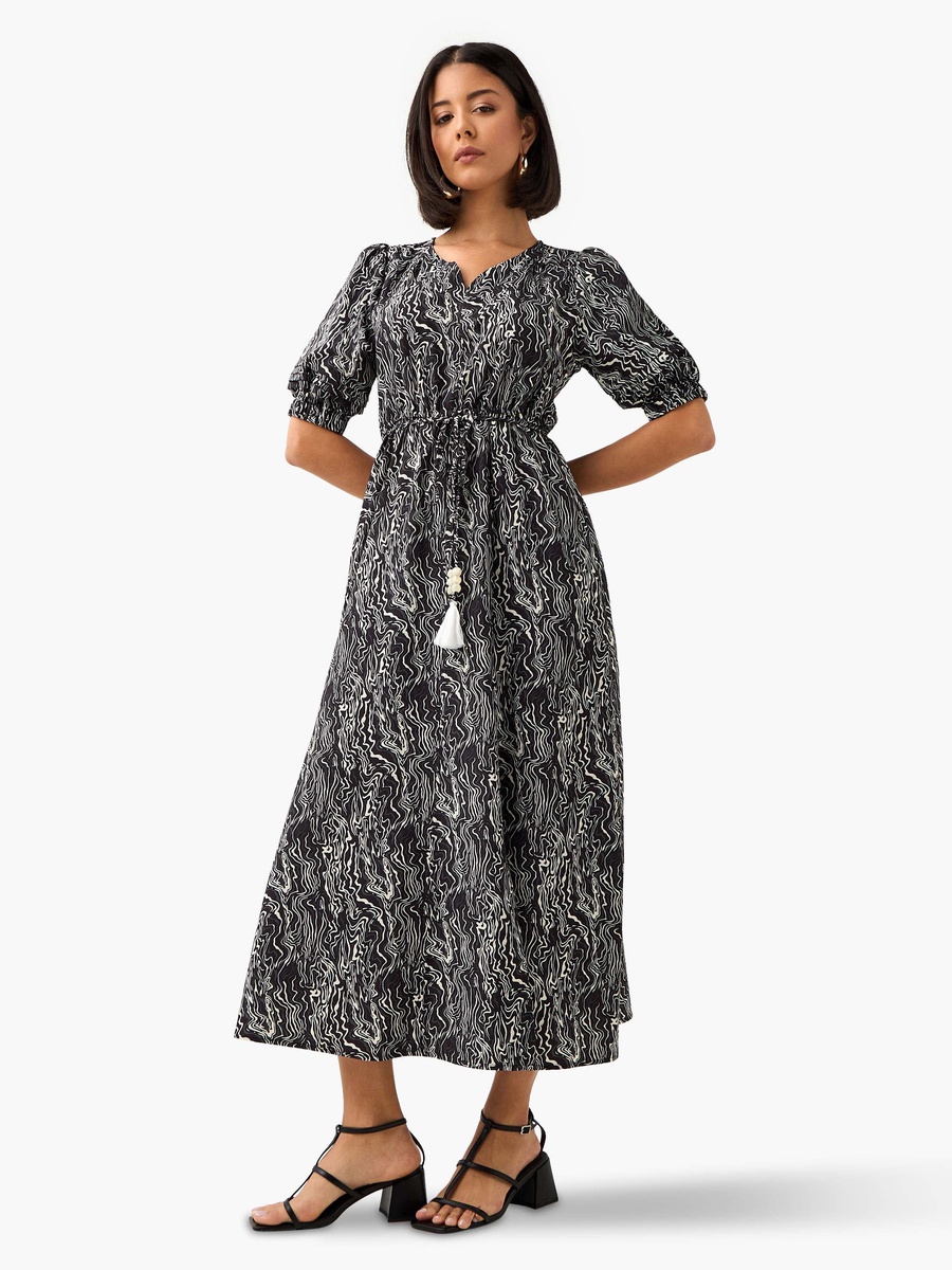 Abstract Print Off Shoulder Dress with Tie-Ups