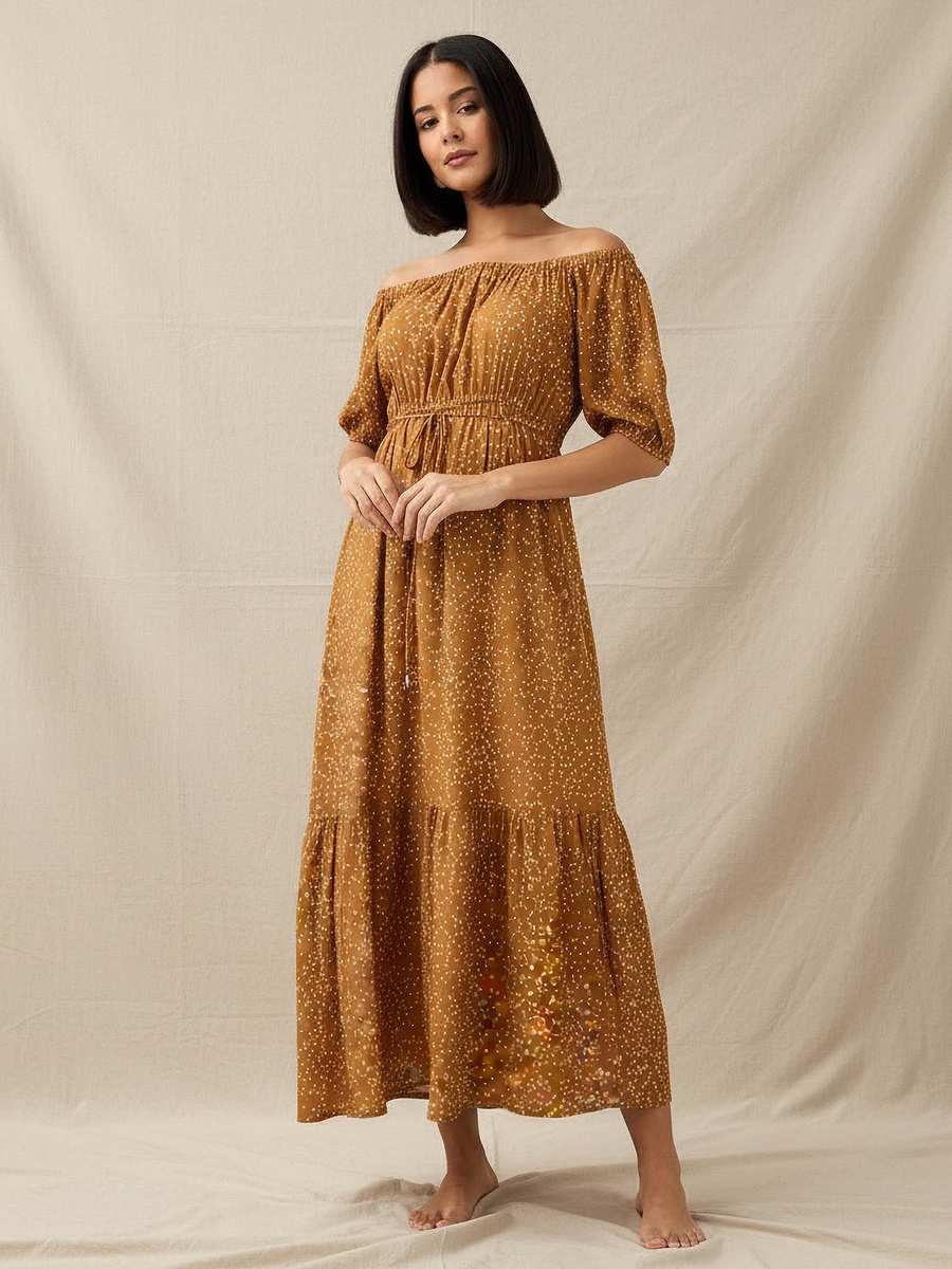 Polka Dot Print Off Shoulder Dress with Tie-Ups For Default Category at  Kuwait | Styli
