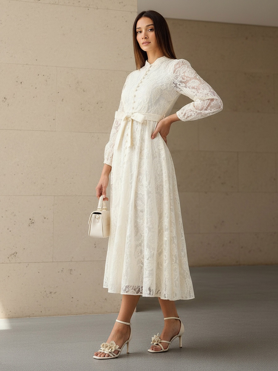 A-Line Midi Dress with Paisley Embroidery and Tie-Up Belt