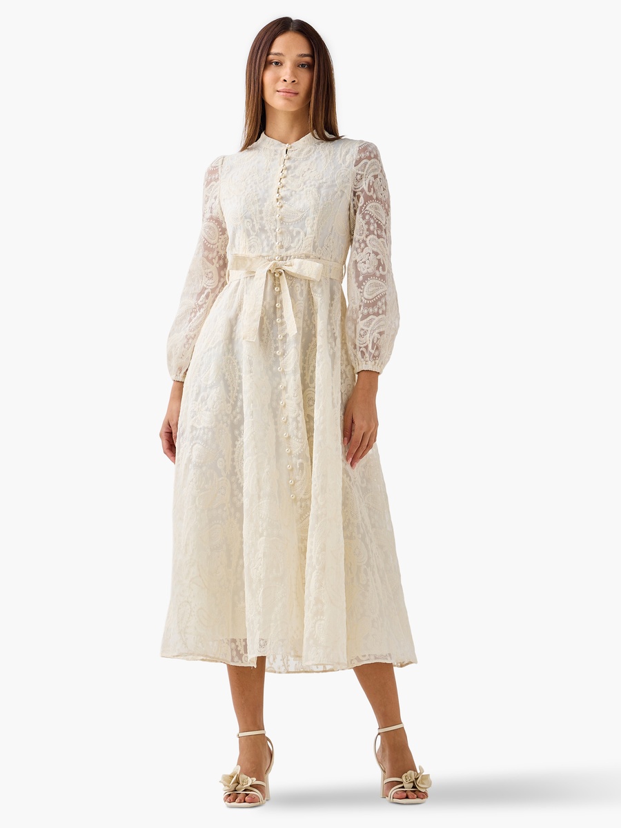 A-Line Midi Dress with Paisley Embroidery and Tie-Up Belt