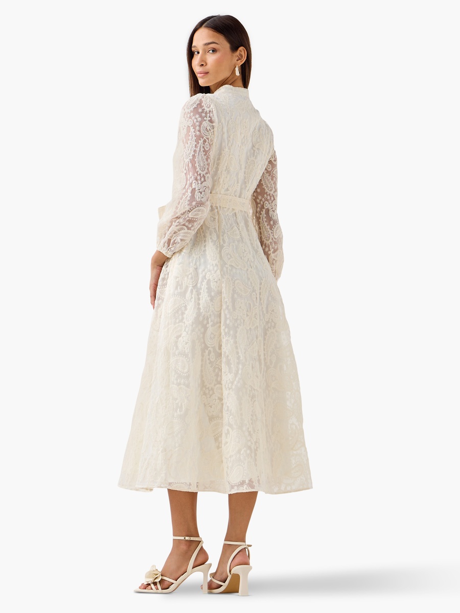 A-Line Midi Dress with Paisley Embroidery and Tie-Up Belt