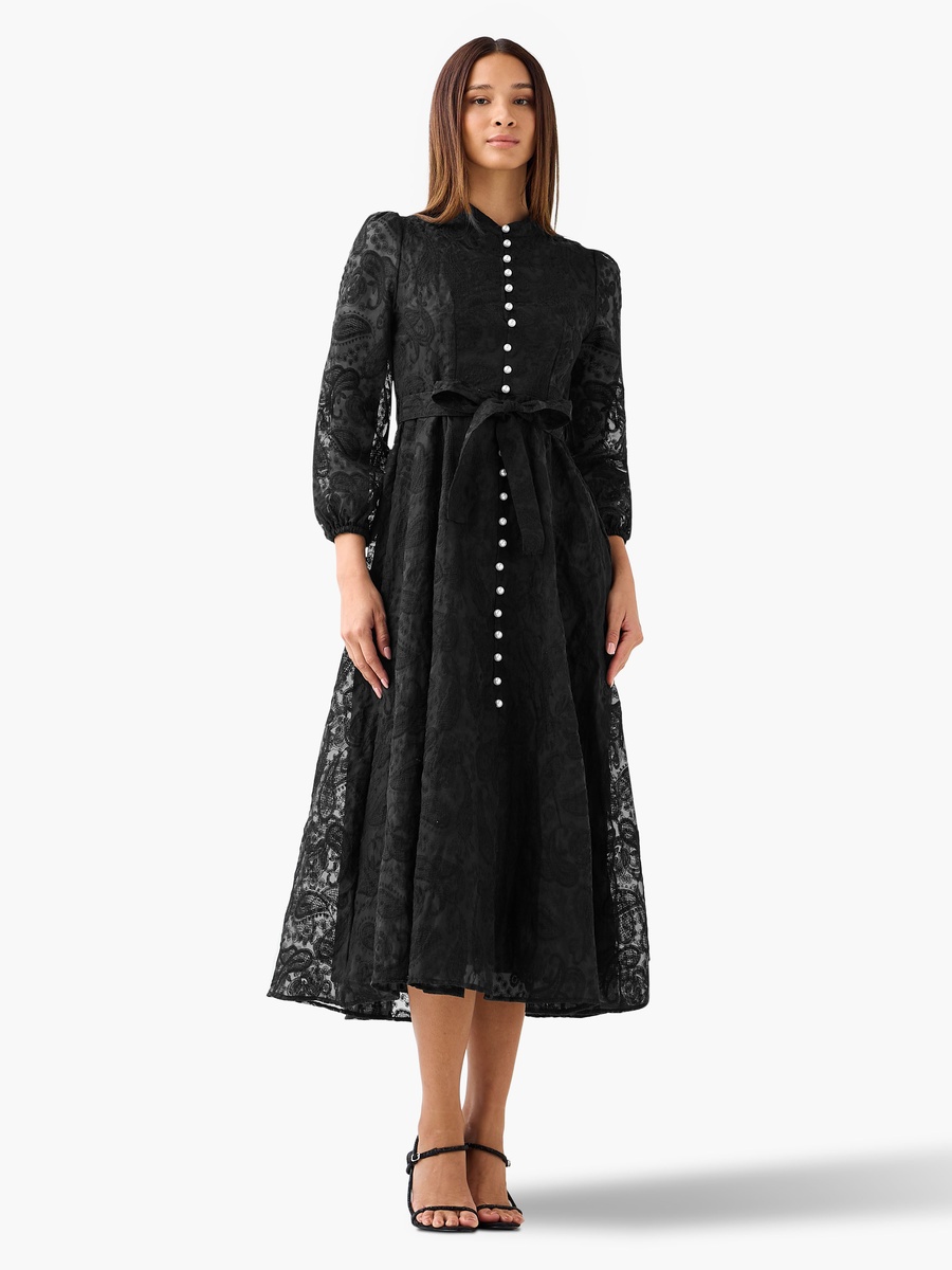 A-Line Midi Dress with Paisley Embroidery and Tie-Up Belt