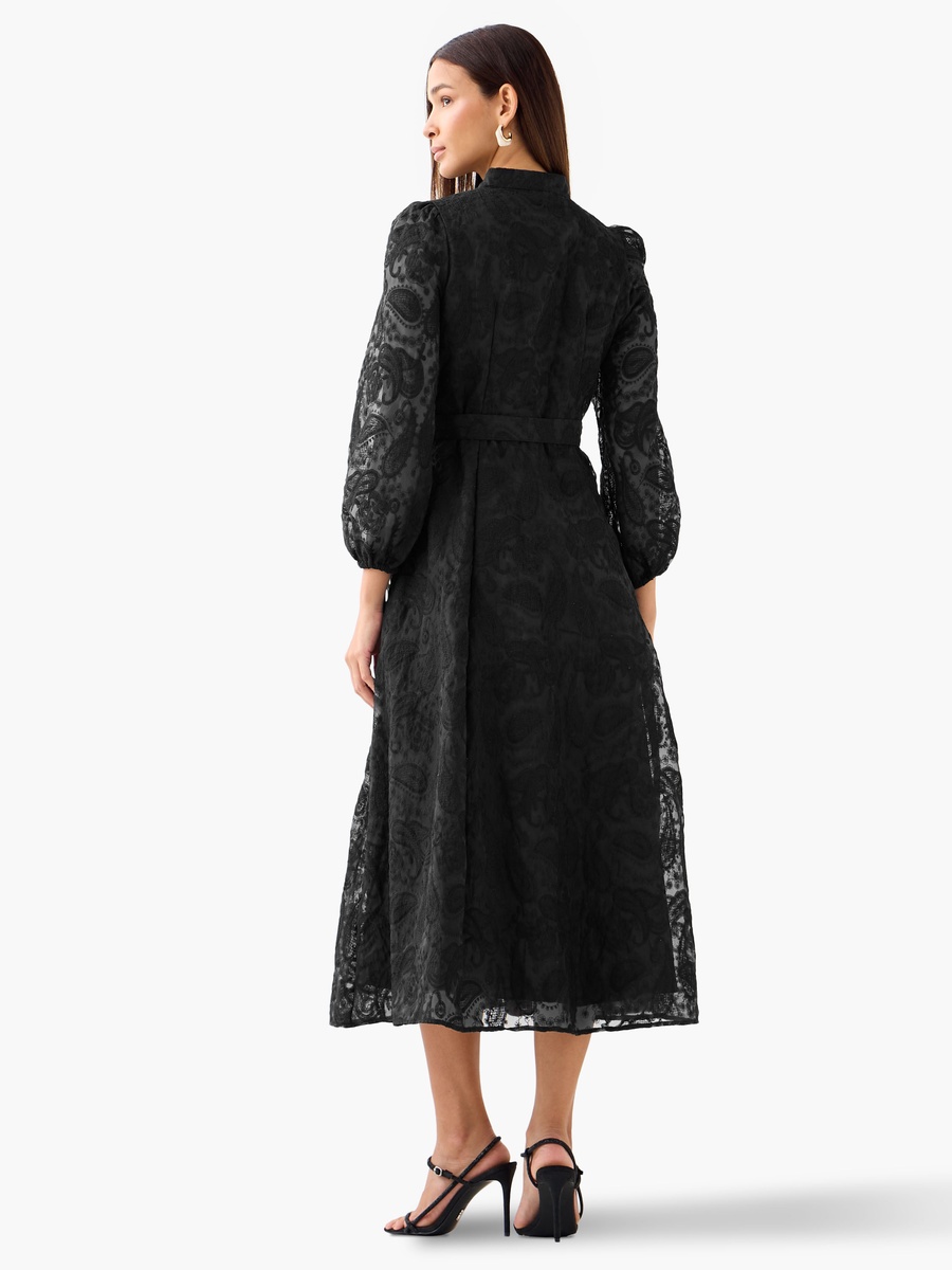 A-Line Midi Dress with Paisley Embroidery and Tie-Up Belt