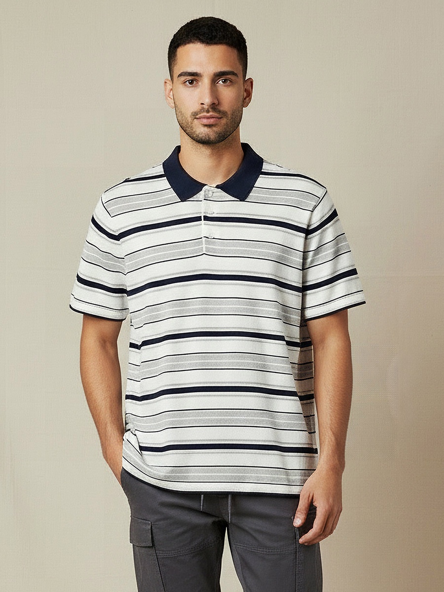 Men Short Sleeves Striped Knitted Polo T-Shirt