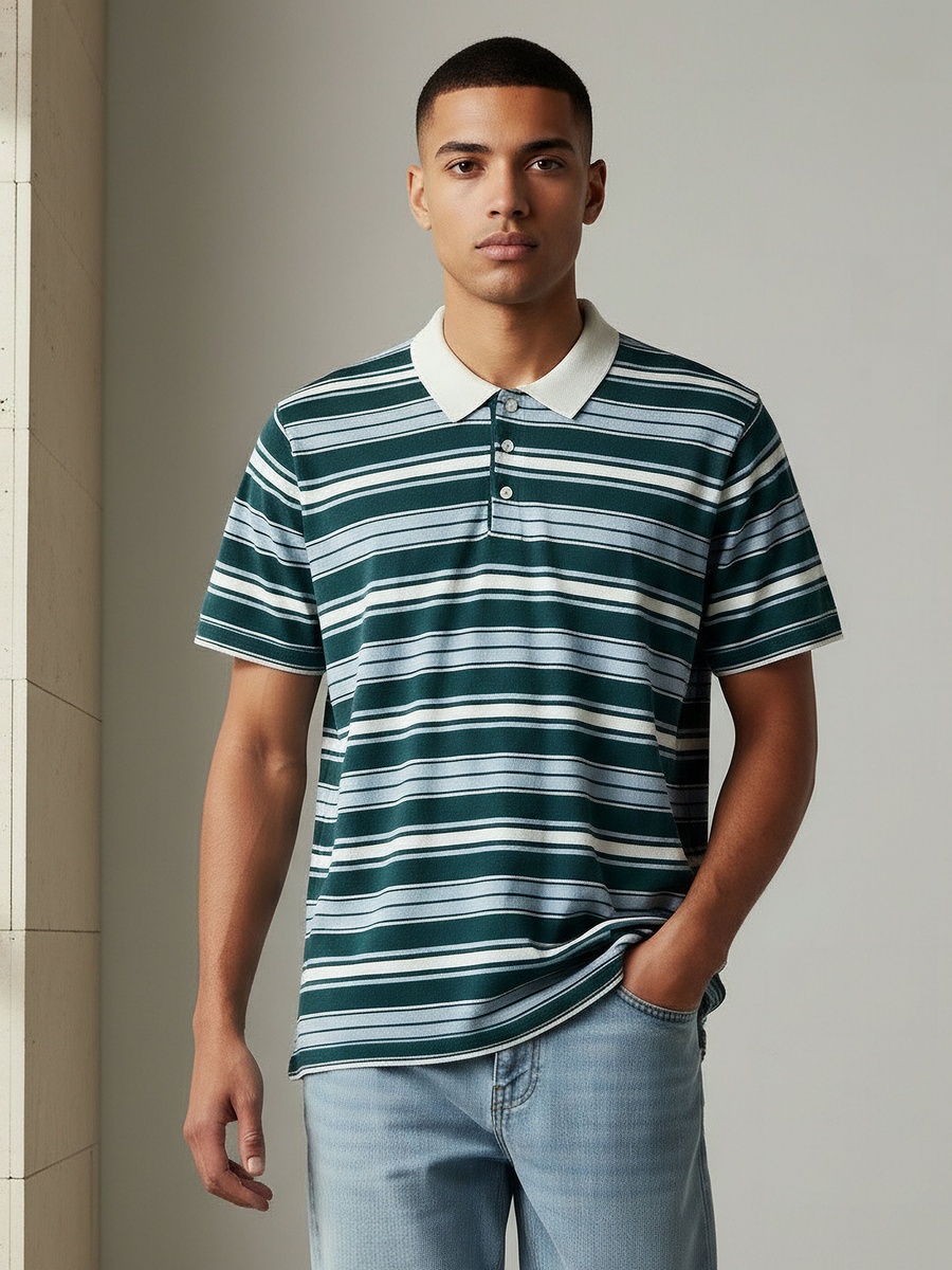 Men Short Sleeves Striped Knitted Polo T-Shirt