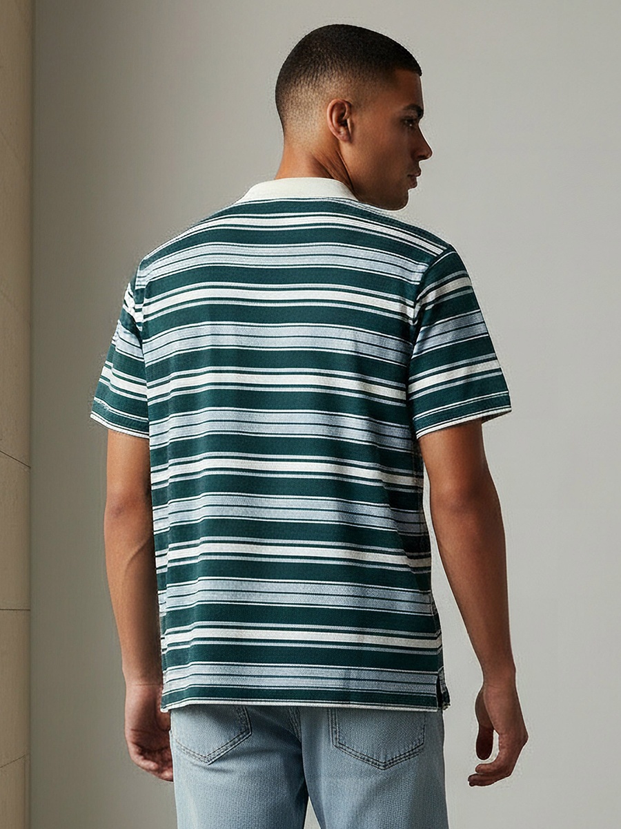 Men Short Sleeves Striped Knitted Polo T-Shirt