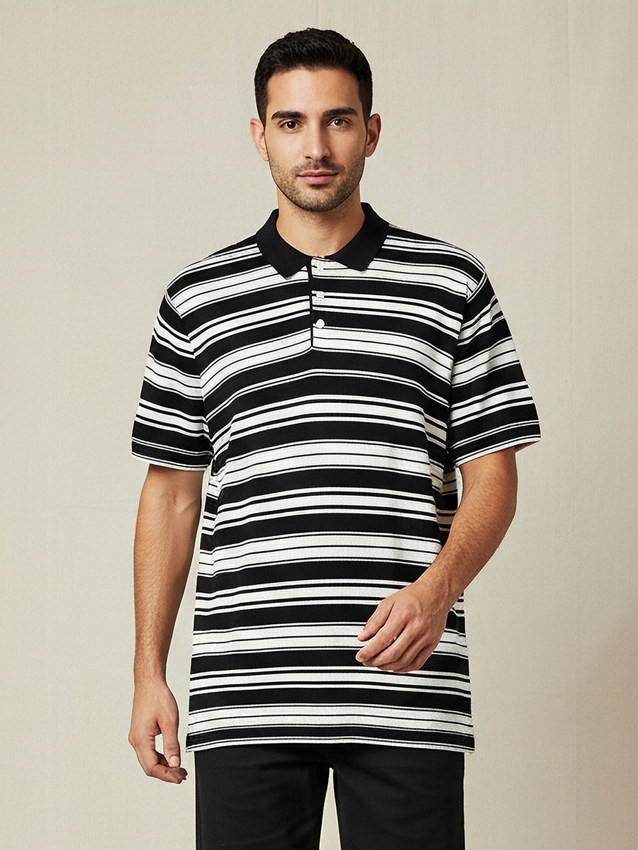 Men Short Sleeves Striped Knitted Polo T-Shirt