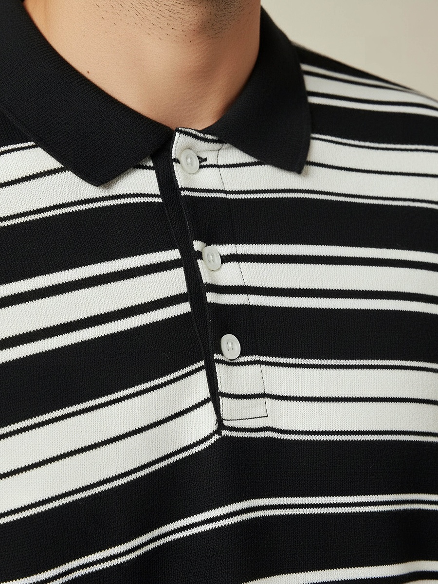 Men Short Sleeves Striped Knitted Polo T-Shirt