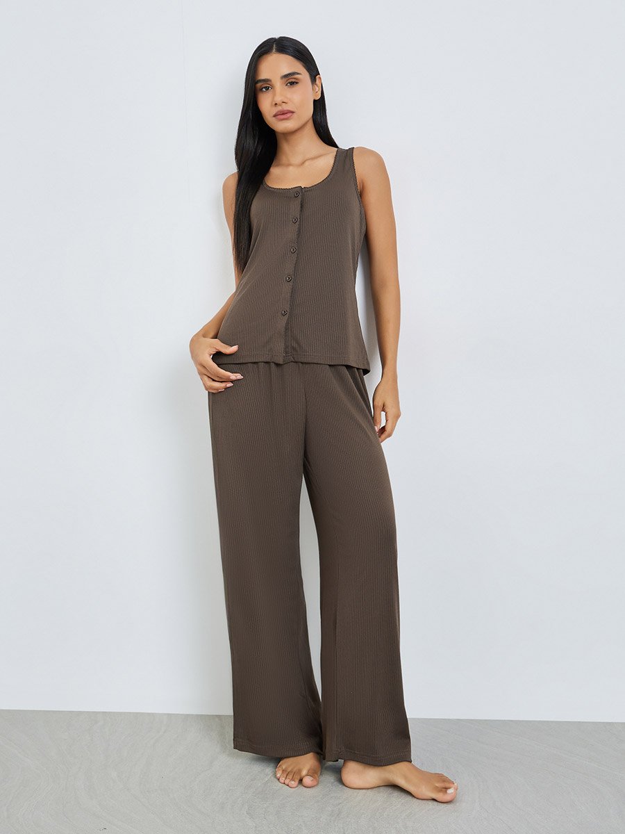 Brown Wide Rib Picot Edge Tank and Shirred Waist Pyjama Set