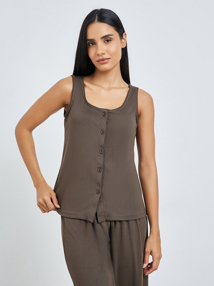 Brown Wide Rib Picot Edge Tank and Shirred Waist Pyjama Set