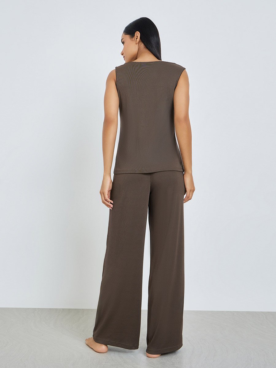 Brown Wide Rib Picot Edge Tank and Shirred Waist Pyjama Set