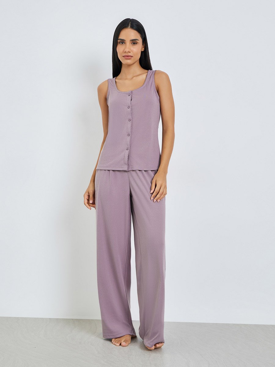 Pink Wide Rib Picot Edge Tank and Shirred Waist Pyjama Set