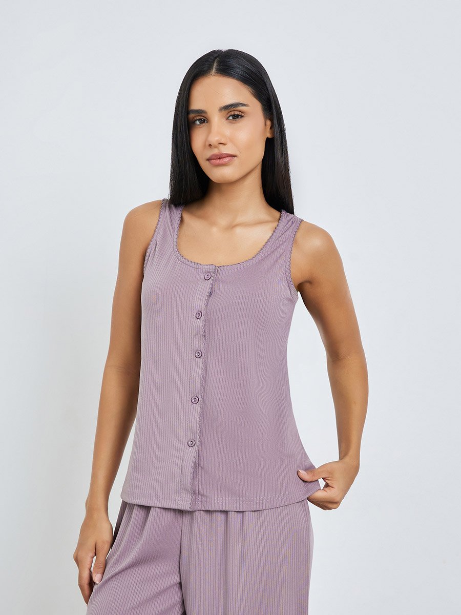 Pink Wide Rib Picot Edge Tank and Shirred Waist Pyjama Set