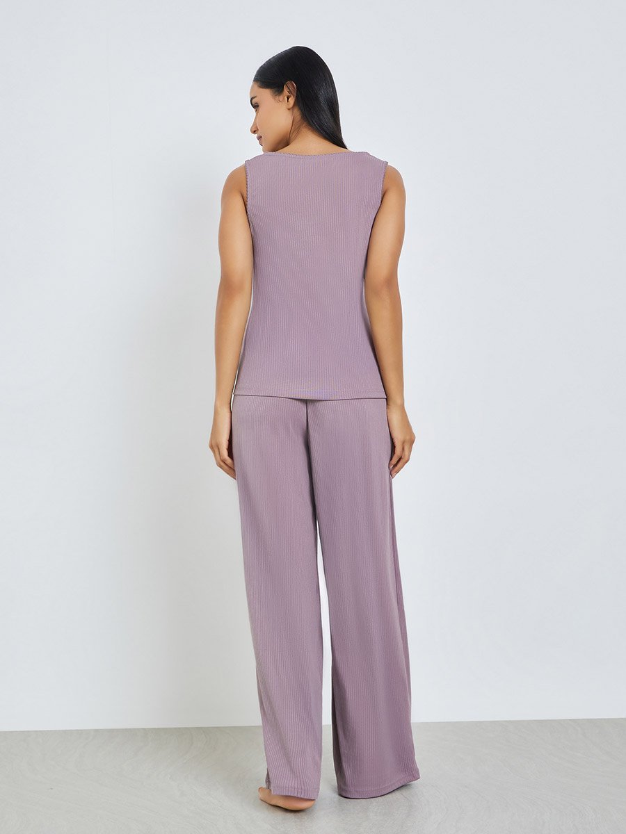 Pink Wide Rib Picot Edge Tank and Shirred Waist Pyjama Set