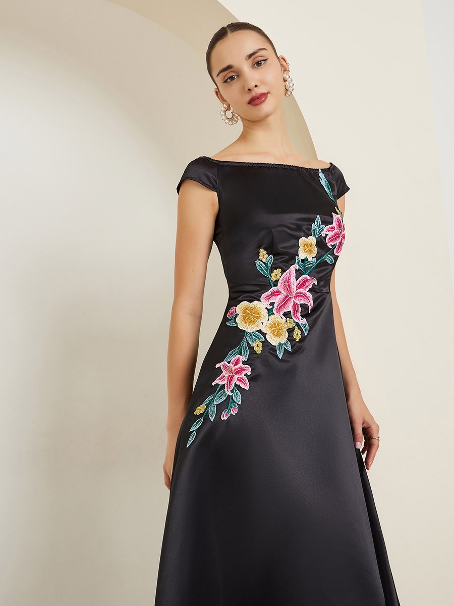 Back Off Shoulder Embroidered Applique Maxi Dress