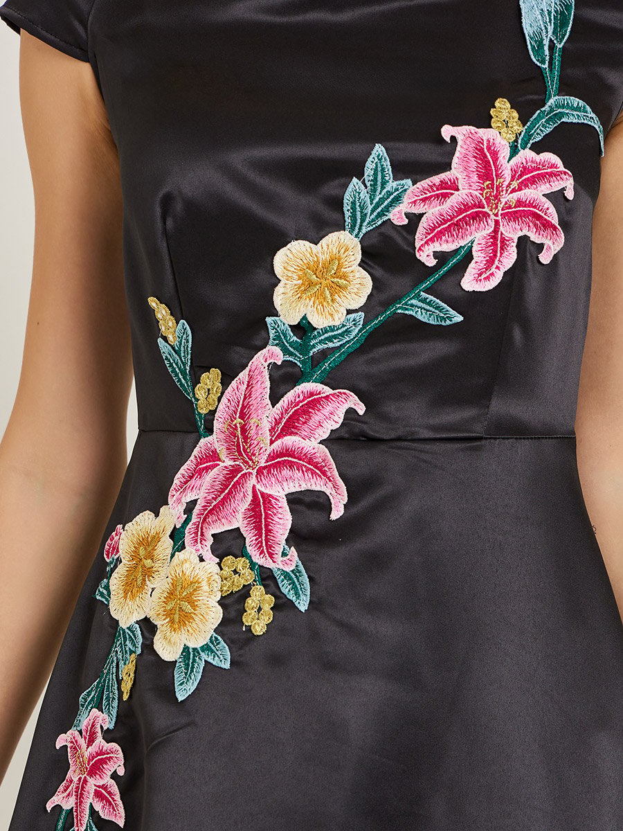 Back Off Shoulder Embroidered Applique Maxi Dress