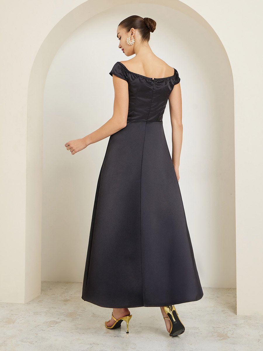 Back Off Shoulder Embroidered Applique Maxi Dress