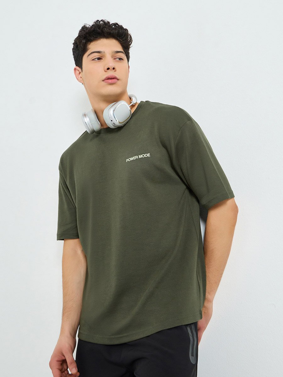 Men Olive Green Minimal Print Oversized T-Shirt