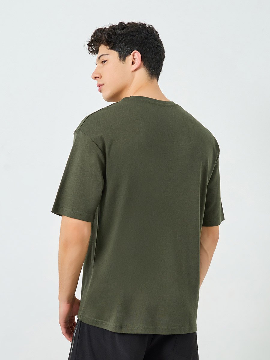 Men Olive Green Minimal Print Oversized T-Shirt