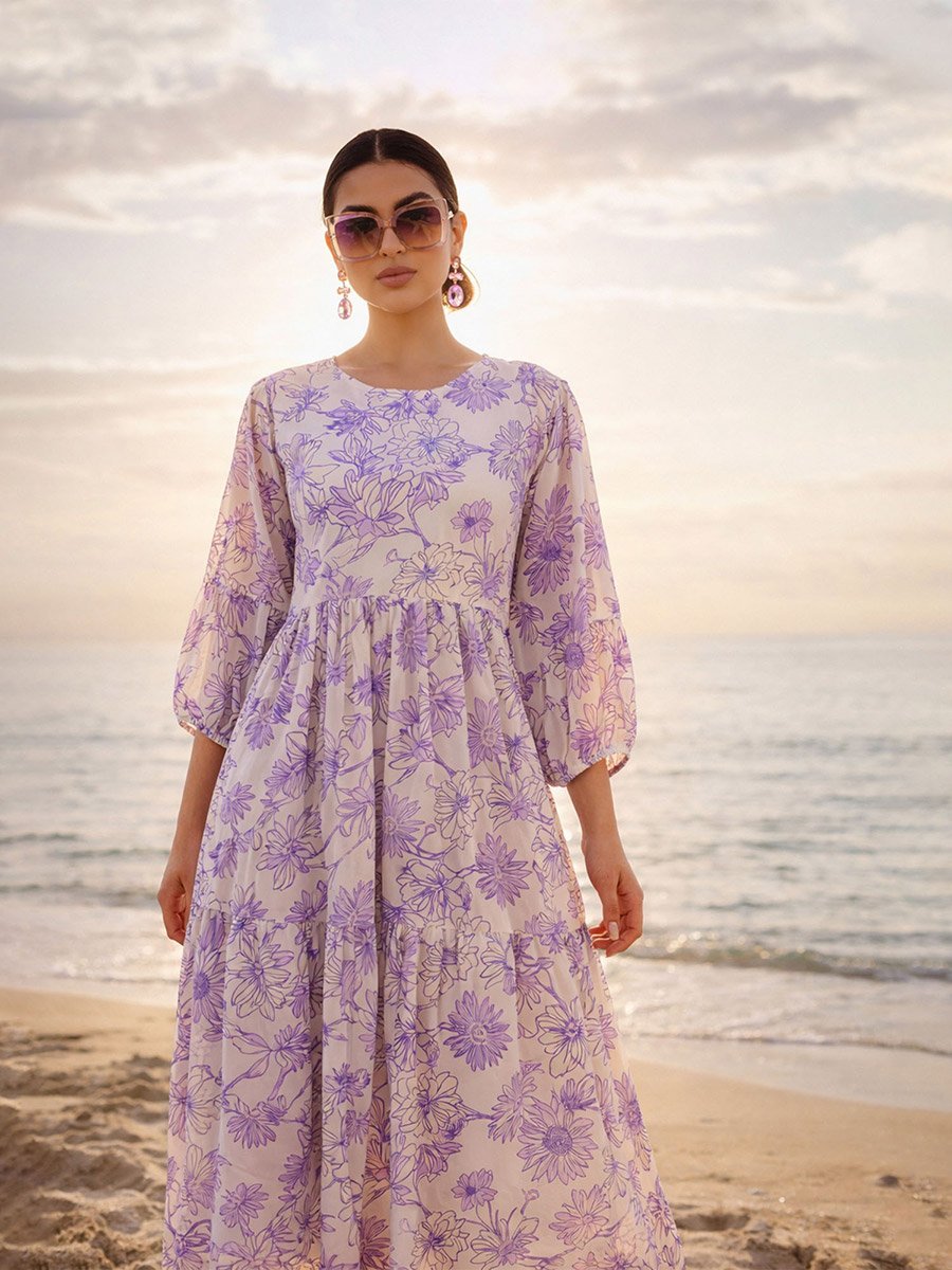 Floral Print Balloon Sleeve Tiered Midi Dress