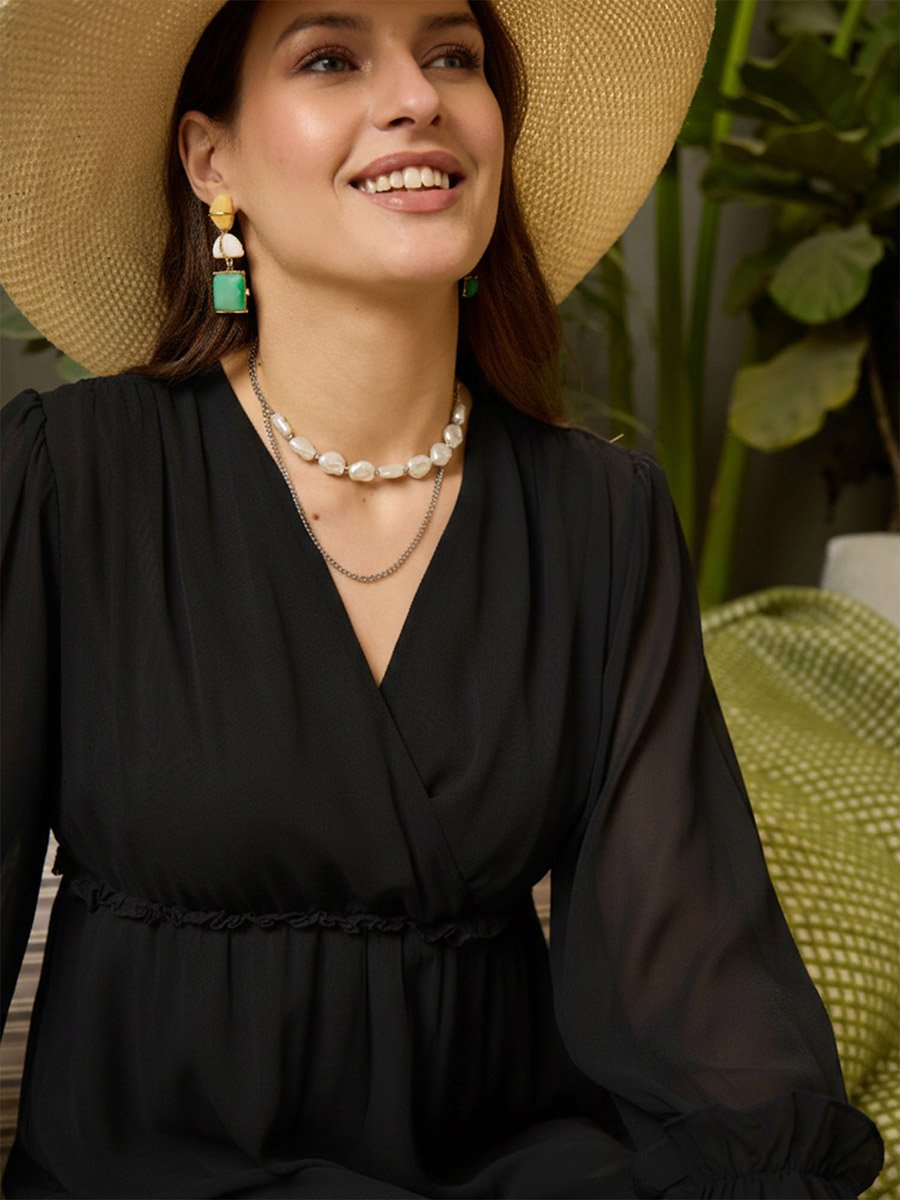 Black V-Neck Ruffled Hem Maxi Dress