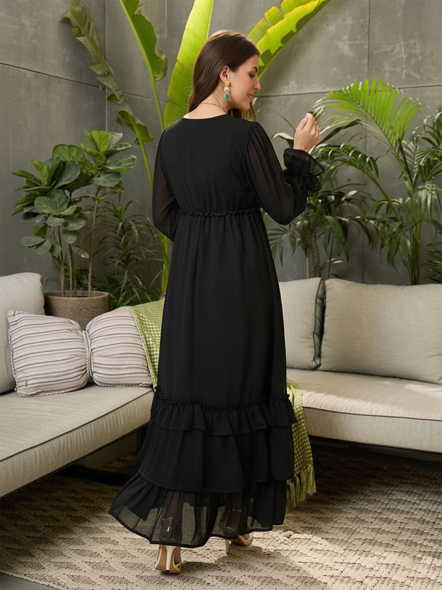 Black V-Neck Ruffled Hem Maxi Dress
