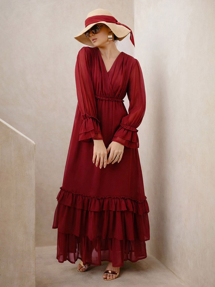 Maroon V-Neck Ruffled Hem Maxi Dress
