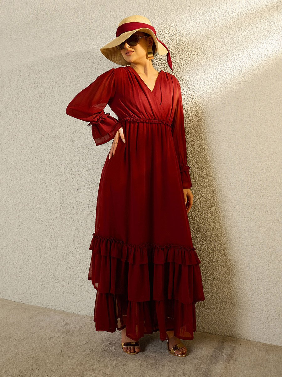 Maroon V-Neck Ruffled Hem Maxi Dress