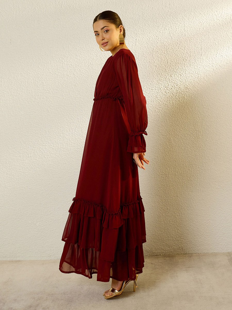 Maroon V-Neck Ruffled Hem Maxi Dress