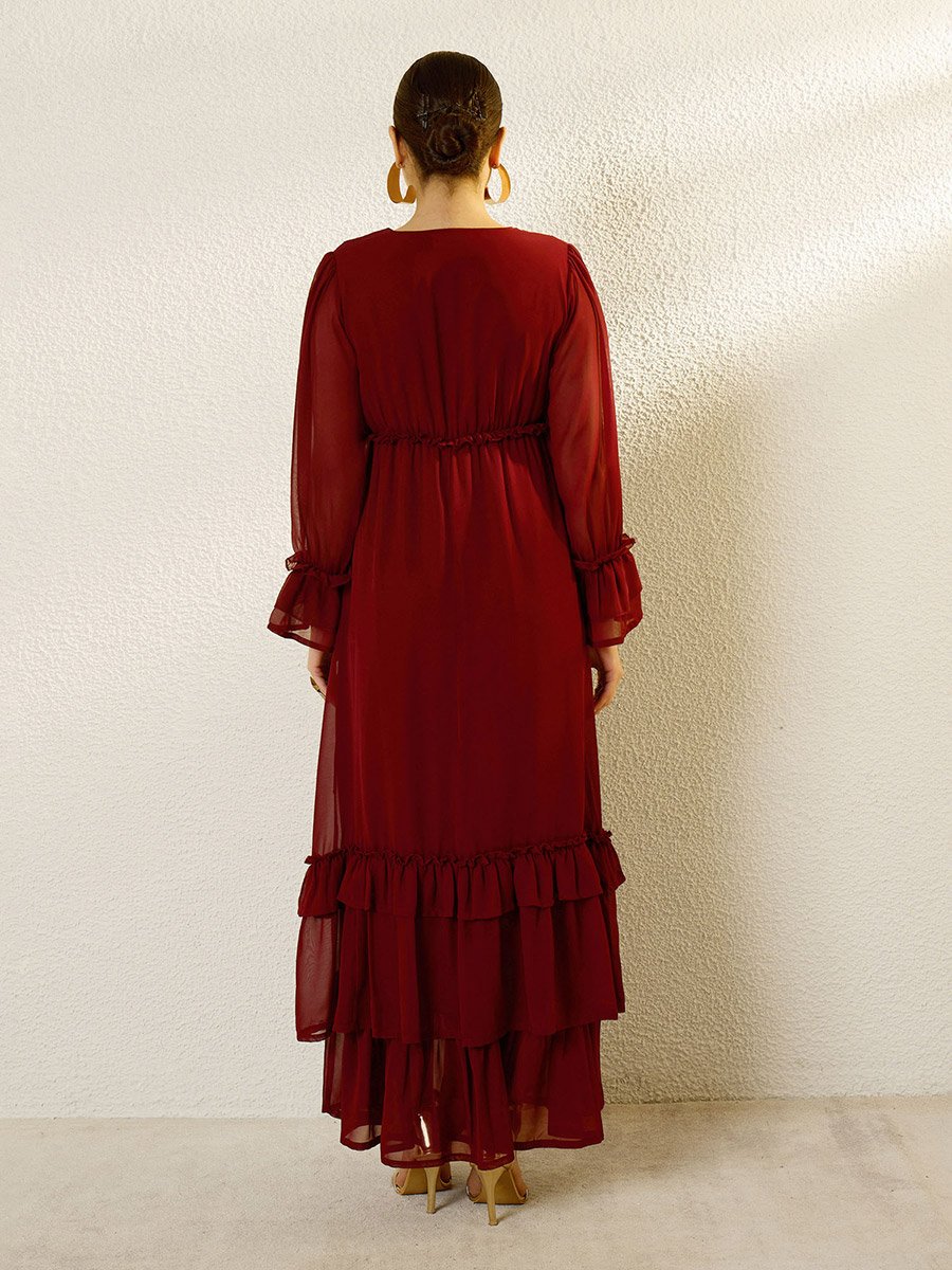 Maroon V-Neck Ruffled Hem Maxi Dress