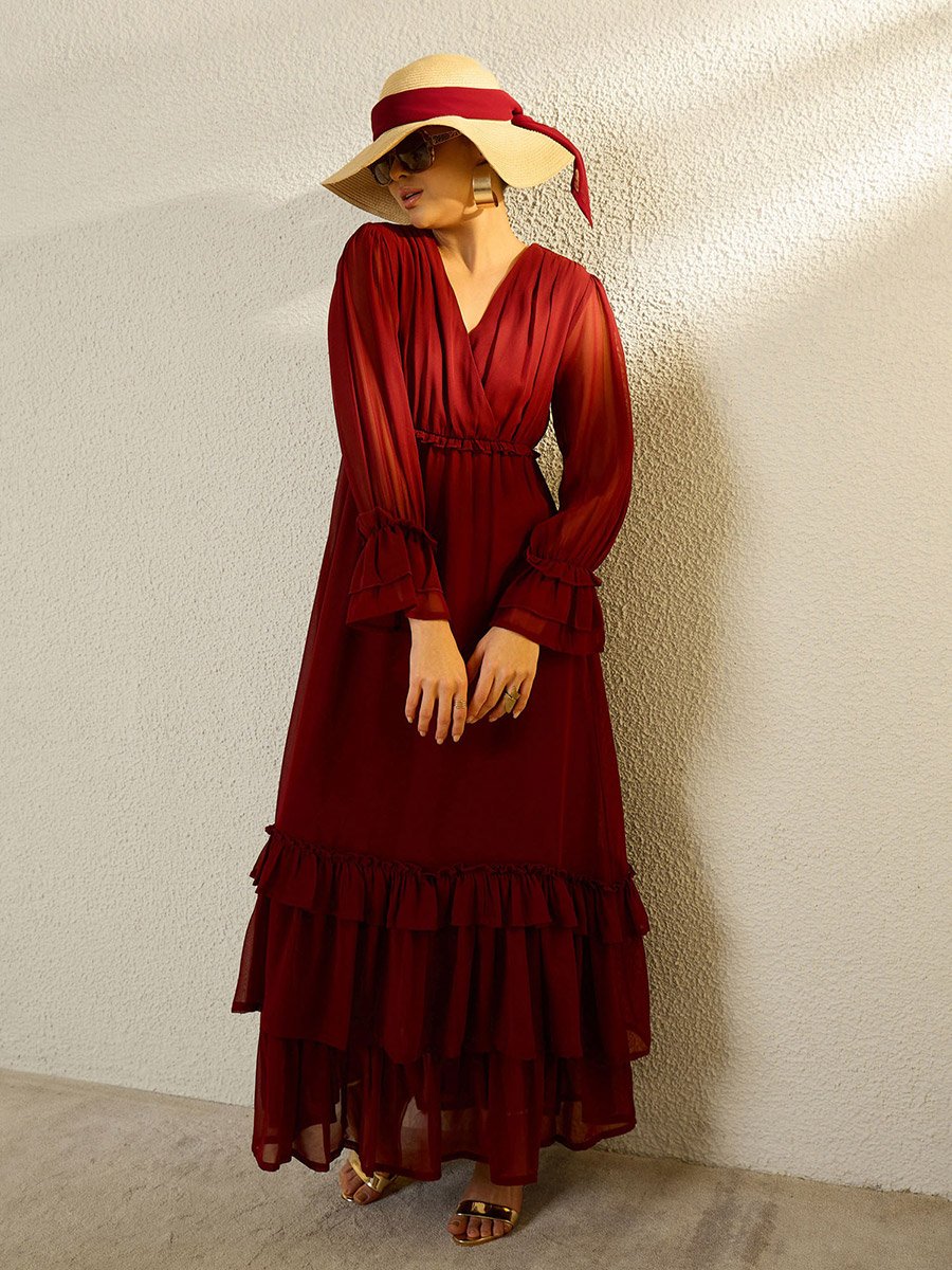 Maroon V-Neck Ruffled Hem Maxi Dress