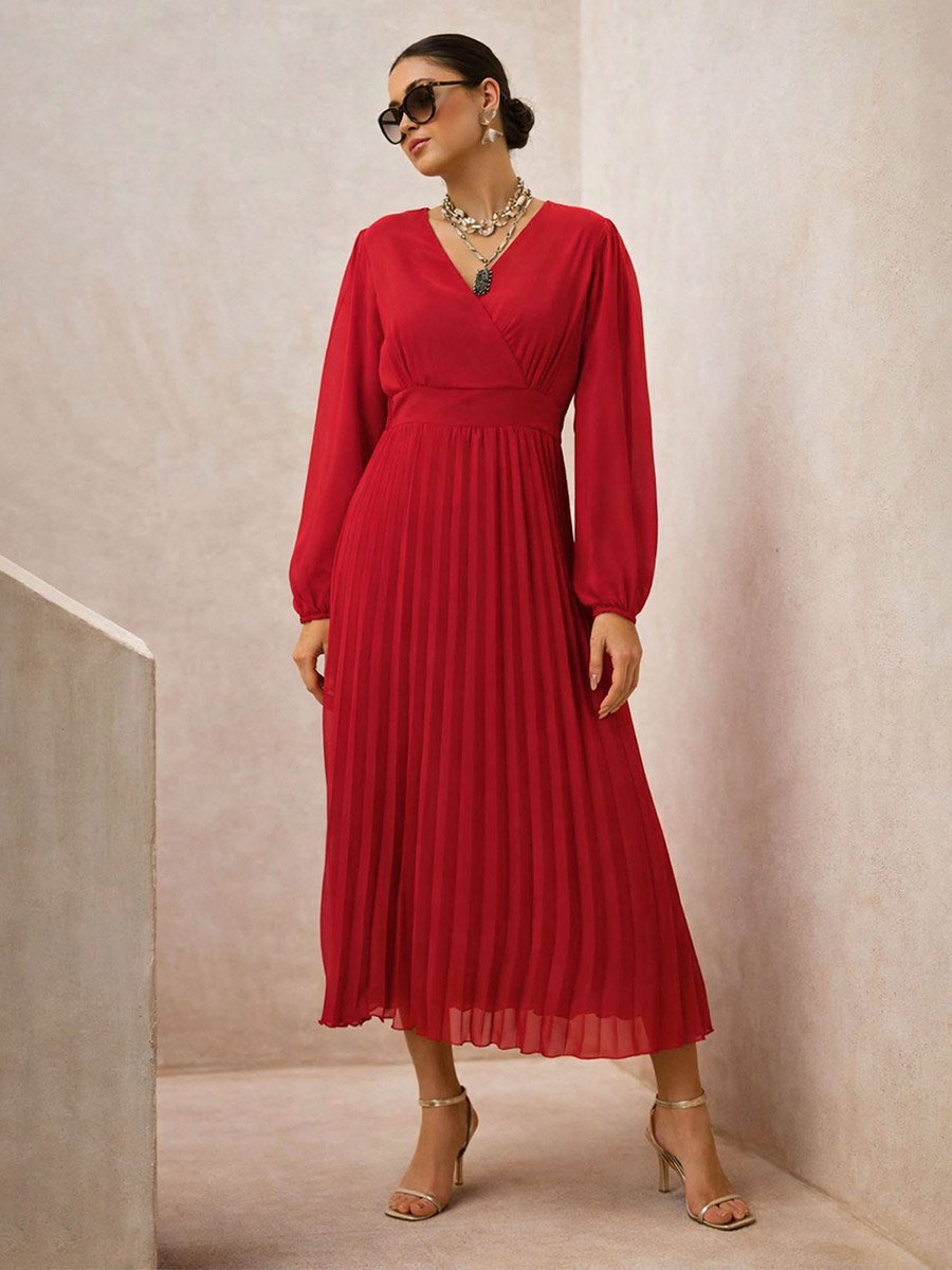 Pleated A-Line Maxi Dress with Balloon Sleeves For Women at Saudi