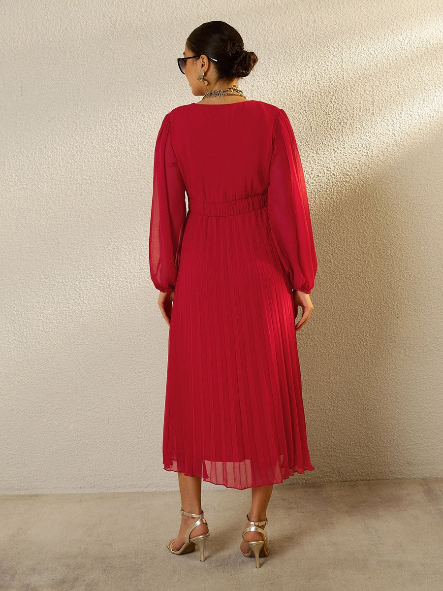 strapless open back dress Zimmermann Pleated Midi Dress Plisse Red Puff Sleeves V Neck  Naked Pear