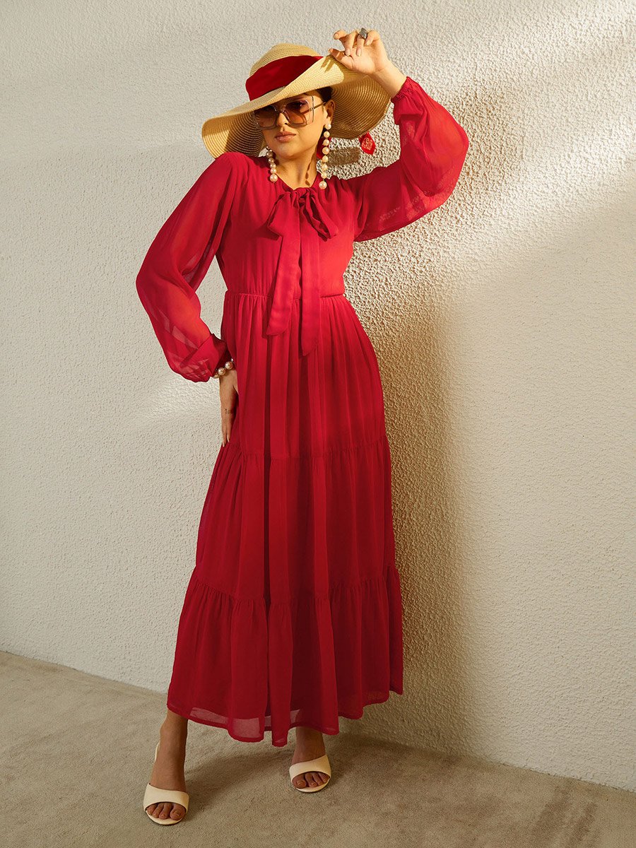 Pleated A-Line Maxi Dress with Balloon Sleeves For Women at Saudi
