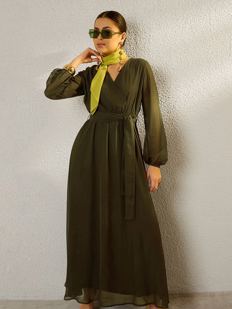 Olive V-Neck Belted A-Line Maxi Dress