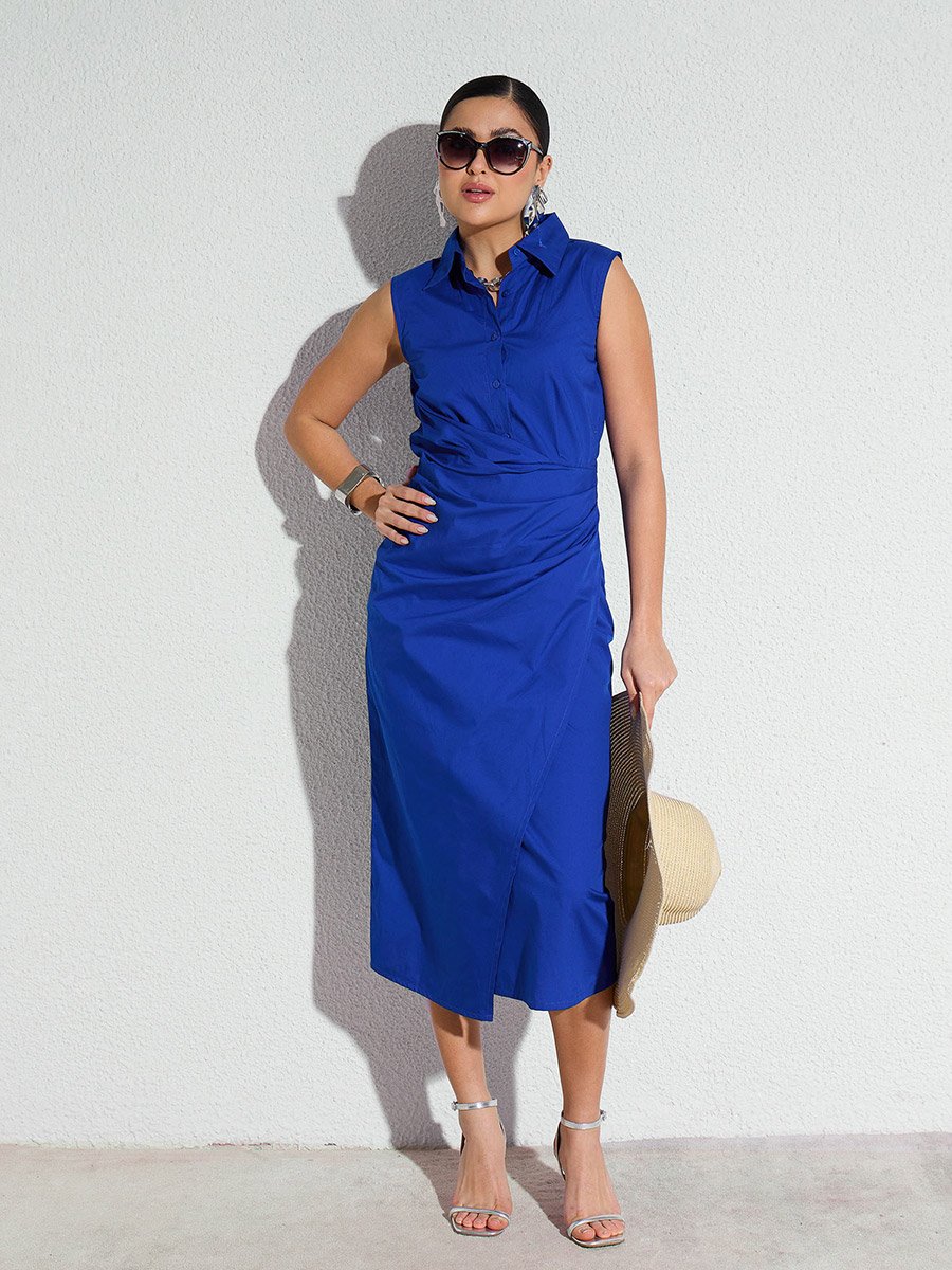Blue Side Pleated Sleeveless Midi Dress