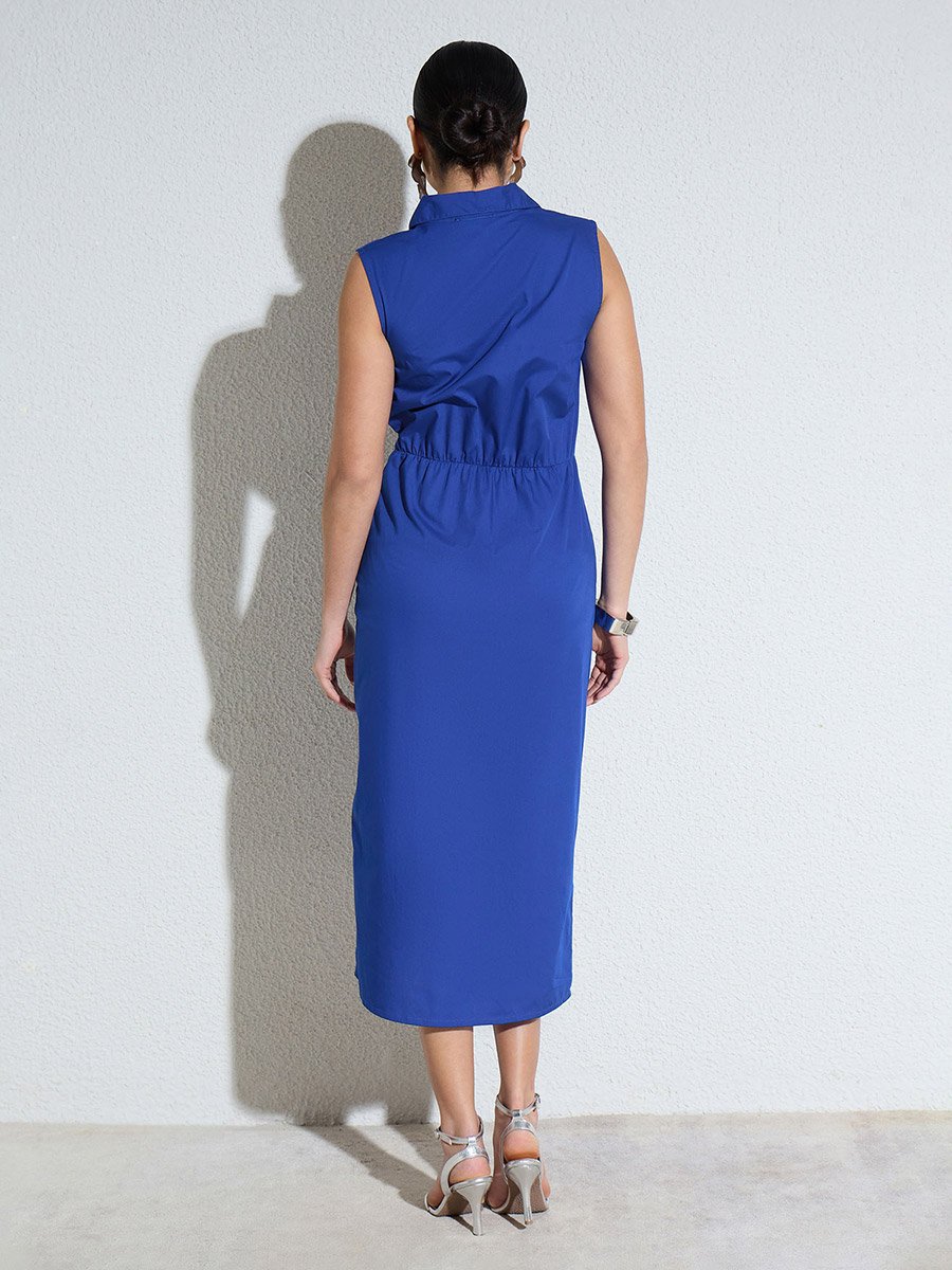 Blue Side Pleated Sleeveless Midi Dress