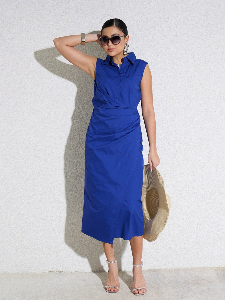 Blue Side Pleated Sleeveless Midi Dress
