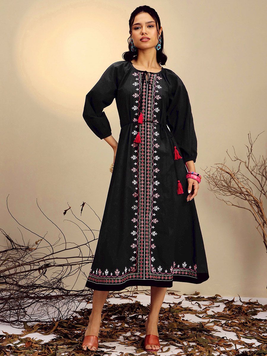 Black Embroidered Neck Dori Midi Dress