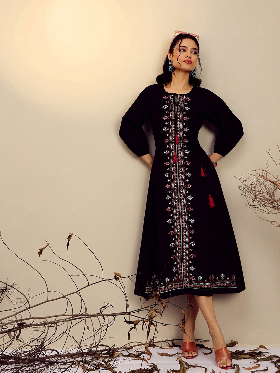 Black Embroidered Neck Dori Midi Dress